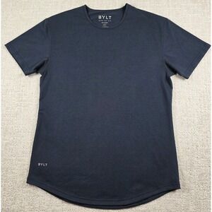 BYLT Premium Basics Shirt Mens Medium Navy Blue Drop Cut S/S Curved Hem Stretch